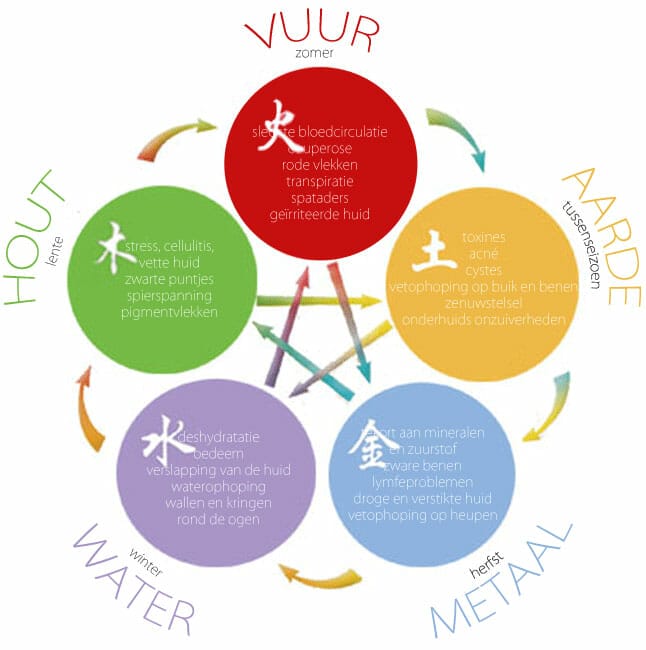 Een diagram van de vijf elementen van de Chinese Ayurveda.