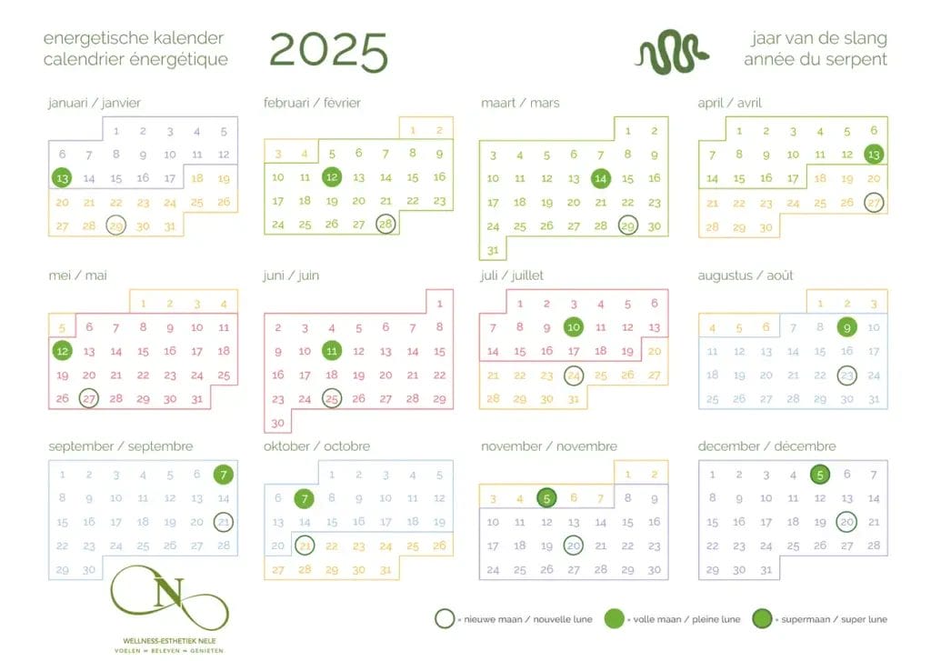 Energetische kalender van PHYTO 5 voor 2025 met maanden in het Nederlands en Frans. Inclusief maanfasen, met nieuwe manen, volle manen en supermanen, plus het symbool voor het Jaar van de Slang.